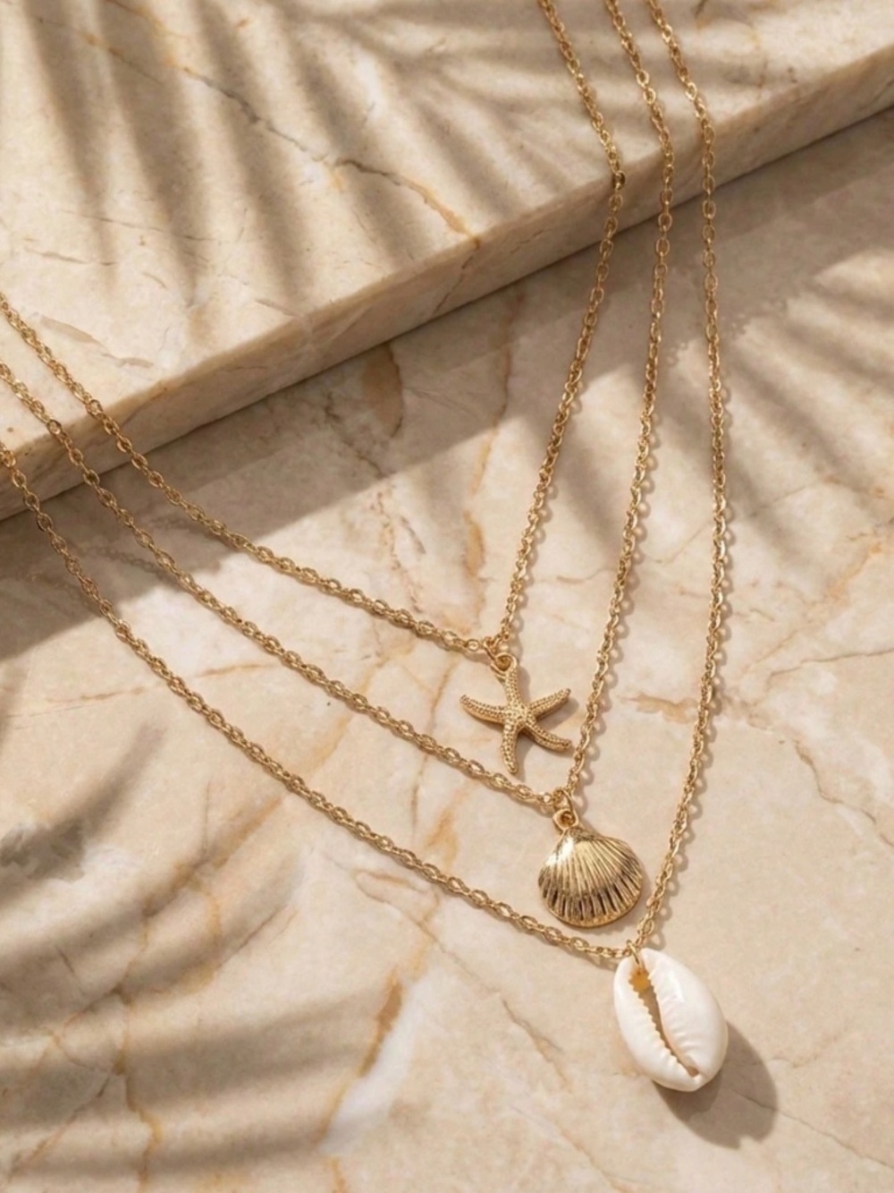 Gold Tone Starfish Shell Multilayer Necklace - Picture 2 of 3